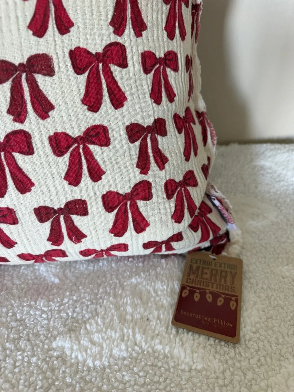Holiday Christmas Red Bow Pillow Fringe Ivory NEW!